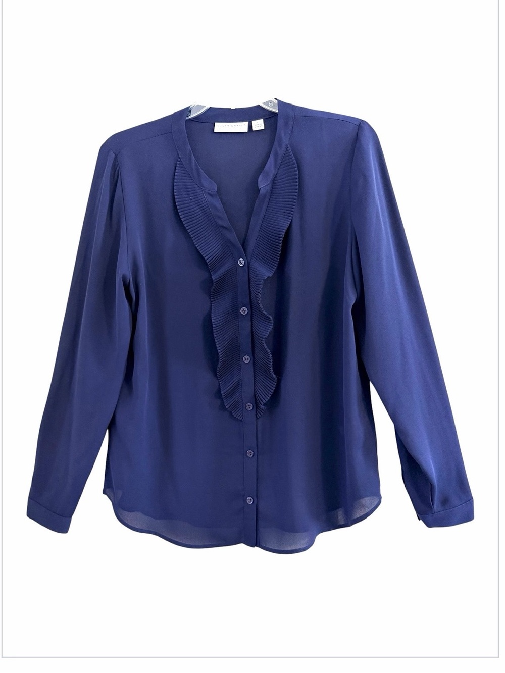 Susan Graver Pleated Ruffle-Front Button Down Blouse Blue Long Sleeve Size S